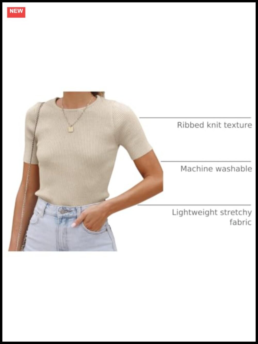 Ribbed Knit Short Sleeve Crewneck T-Shirt Slim Fitted Stretchy - Picture 3 of 6